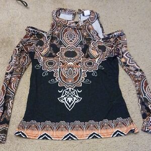 VENUS Black and Orange Graphic Cut Out Blouse